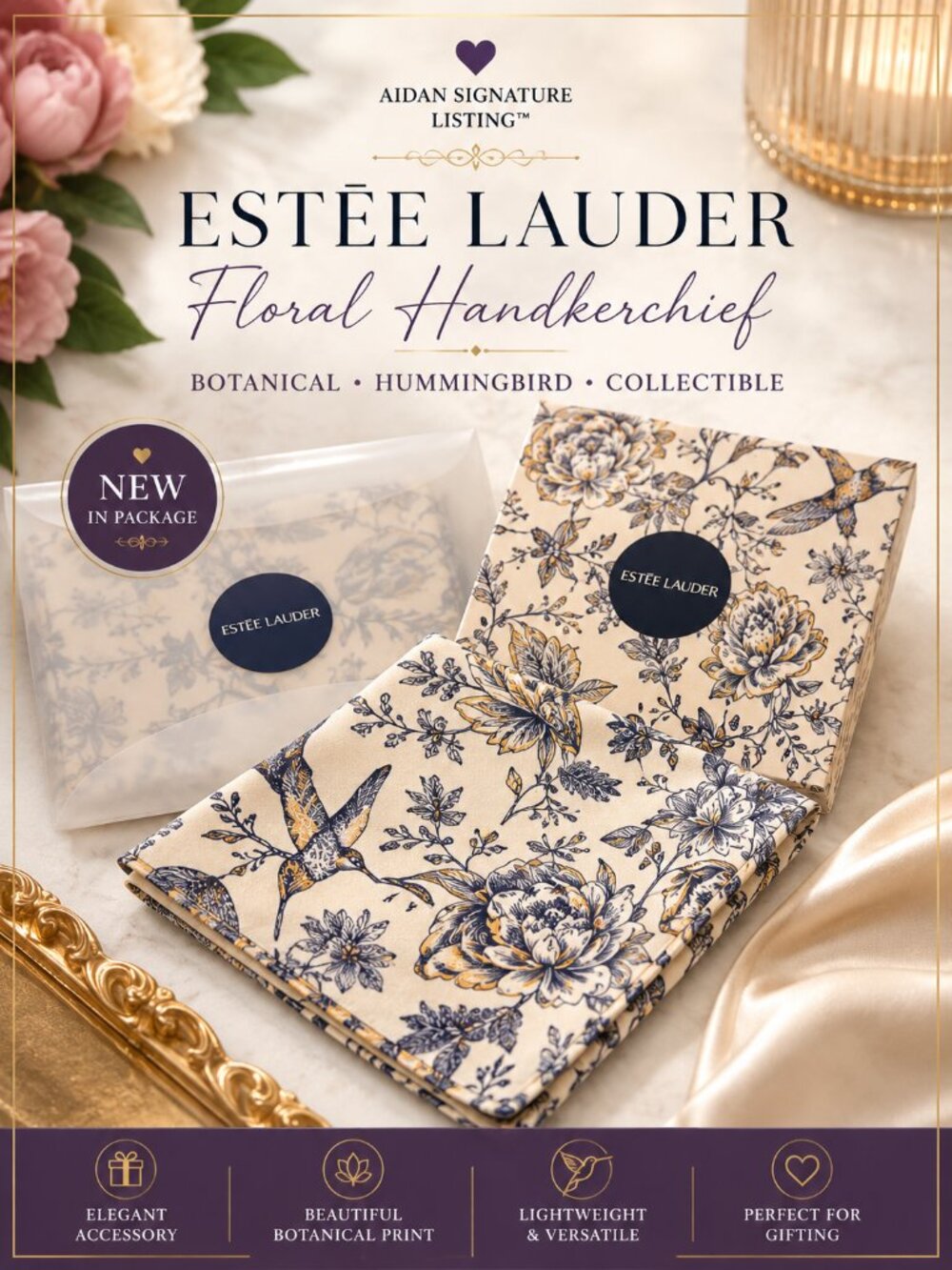 Estée Lauder Floral Handkerchief Scarf New in Package Botanical Hummingbird Coll